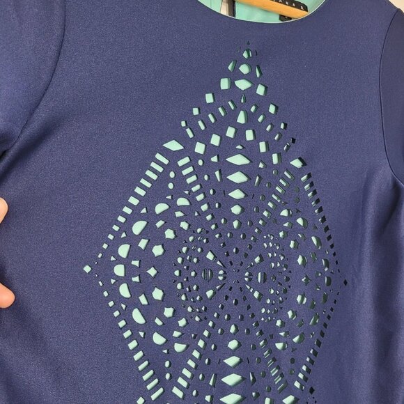 Tiana B. NEW Navy Blue Turquoise Round Neck Cut Out 3/4 Sleeve Dress Sz 6 NWT - Picture 5 of 12